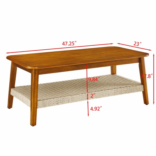 47.25 Inch Mid-Century Coffee Table with Woven Shelf, Boho Rattan Coffee Table with Storage, Farmhouse Wood Low Rectangle Tea Table for Living Room Couch Bedroom Patio Home Office