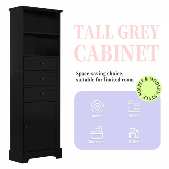 Black Tall Storage Cabinet with 3 Drawers and Adjustable Shelves for Bathroom, Study, Office and Interior, MDF Board with Painted Finish