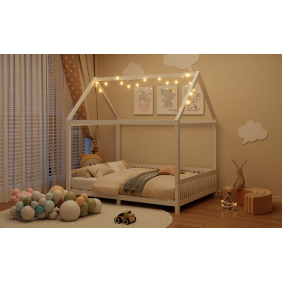 Wood Full Size House Bed with Guardrail and LED, White