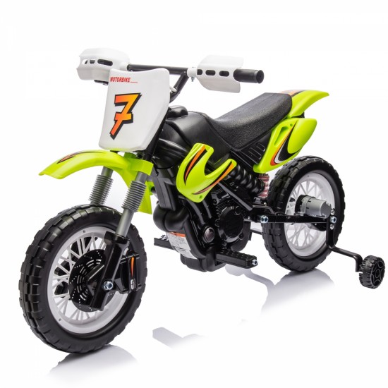 12V Kids Ride On Electric Toy Motorcycle,Rear suspension,Twist Grip Throttle,Slow Start,Removable training wheels,Indie music box with horn and engine,Simulation of dirt bike modeling for kids 3-8.