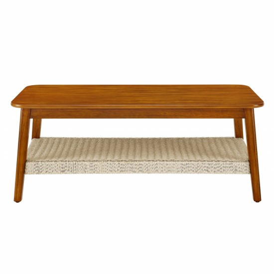 47.25 Inch Mid-Century Coffee Table with Woven Shelf, Boho Rattan Coffee Table with Storage, Farmhouse Wood Low Rectangle Tea Table for Living Room Couch Bedroom Patio Home Office