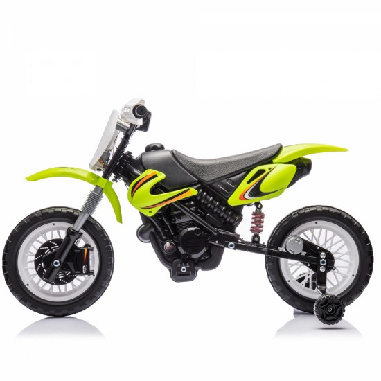 12V Kids Ride On Electric Toy Motorcycle,Rear suspension,Twist Grip Throttle,Slow Start,Removable training wheels,Indie music box with horn and engine,Simulation of dirt bike modeling for kids 3-8.