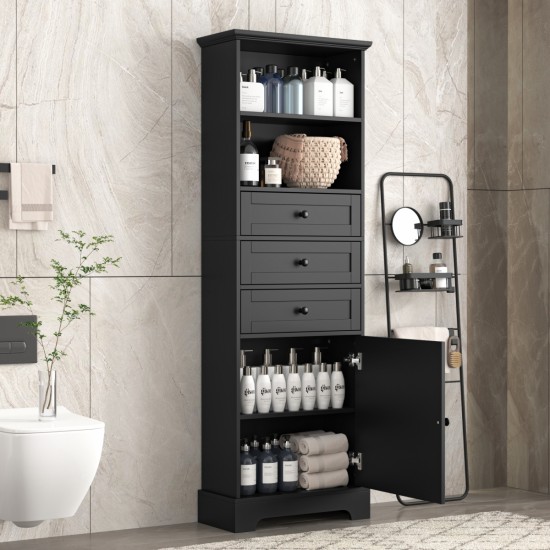 Black Tall Storage Cabinet with 3 Drawers and Adjustable Shelves for Bathroom, Study, Office and Interior, MDF Board with Painted Finish