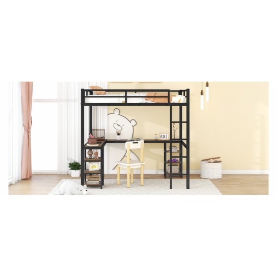 Full Metal Loft Bed with Desk and Shelves, Loft Bed with Ladder and Guardrails, Loft Bed Frame for Bedroom, Black with Vintage wood-colored desk(Old SKU: W1307S00022)