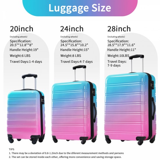 Hardshell Luggage Sets 3 Piece Gradient Color Expandable Suitcase with Spinner Wheels and TSA Lock Lightweight 20 Inch 24 Inch 28 Inch Available,Blue and Red