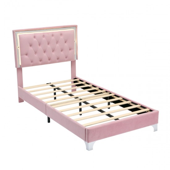 Twin Size Upholstered Bed Frame with LED Lights,Modern Velvet Platform Bed with Tufted Headboard,Pink