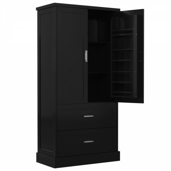 Tall Bathroom Storage Cabinet, Cabinet with Two Doors and Drawers, Adjustable Shelf, MDF Board, Black