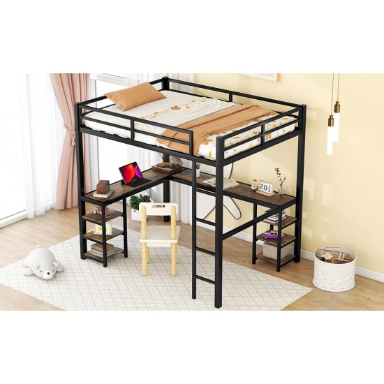 Full Metal Loft Bed with Desk and Shelves, Loft Bed with Ladder and Guardrails, Loft Bed Frame for Bedroom, Black with Vintage wood-colored desk(Old SKU: W1307S00022)