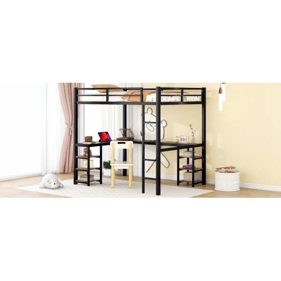 Full Metal Loft Bed with Desk and Shelves, Loft Bed with Ladder and Guardrails, Loft Bed Frame for Bedroom, Black with Vintage wood-colored desk(Old SKU: W1307S00022)