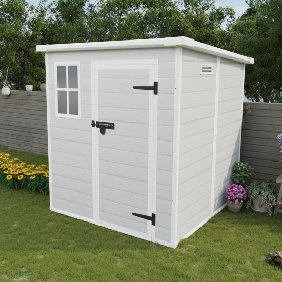 6x6 FT Storage Shed, Waterproof Resin Outdoor Storage Shed with Floor & Window &  Lockable Doors and  Vents, Tool Shed for Bike, Garden, Backyard,Lawn, All Weather Use, Light Grey