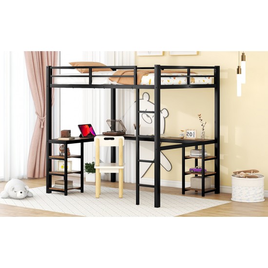 Full Metal Loft Bed with Desk and Shelves, Loft Bed with Ladder and Guardrails, Loft Bed Frame for Bedroom, Black with Vintage wood-colored desk(Old SKU: W1307S00022)