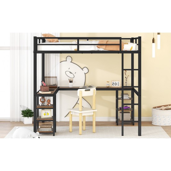 Full Metal Loft Bed with Desk and Shelves, Loft Bed with Ladder and Guardrails, Loft Bed Frame for Bedroom, Black with Vintage wood-colored desk(Old SKU: W1307S00022)