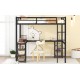 Full Metal Loft Bed with Desk and Shelves, Loft Bed with Ladder and Guardrails, Loft Bed Frame for Bedroom, Black with Vintage wood-colored desk(Old SKU: W1307S00022)