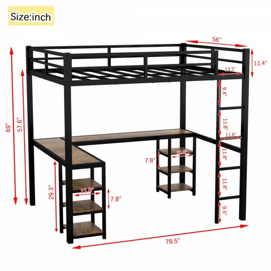 Full Metal Loft Bed with Desk and Shelves, Loft Bed with Ladder and Guardrails, Loft Bed Frame for Bedroom, Black with Vintage wood-colored desk(Old SKU: W1307S00022)