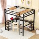 Full Metal Loft Bed with Desk and Shelves, Loft Bed with Ladder and Guardrails, Loft Bed Frame for Bedroom, Black with Vintage wood-colored desk(Old SKU: W1307S00022)