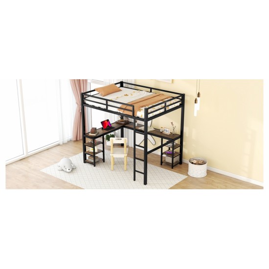 Full Metal Loft Bed with Desk and Shelves, Loft Bed with Ladder and Guardrails, Loft Bed Frame for Bedroom, Black with Vintage wood-colored desk(Old SKU: W1307S00022)