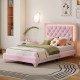 Twin Size Upholstered Bed Frame with LED Lights,Modern Velvet Platform Bed with Tufted Headboard,Pink