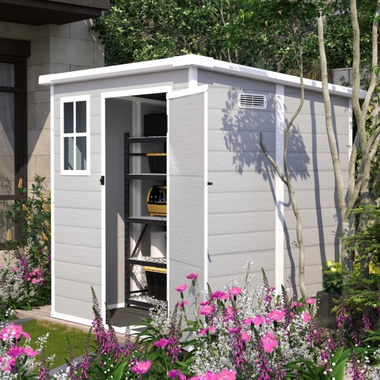 6x6 FT Storage Shed, Waterproof Resin Outdoor Storage Shed with Floor & Window &  Lockable Doors and  Vents, Tool Shed for Bike, Garden, Backyard,Lawn, All Weather Use, Light Grey