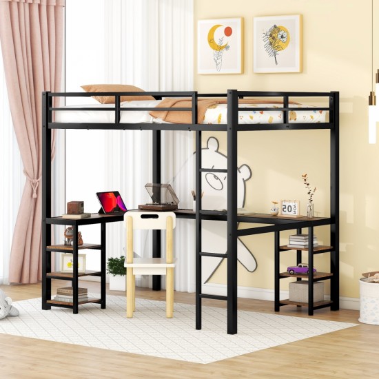 Full Metal Loft Bed with Desk and Shelves, Loft Bed with Ladder and Guardrails, Loft Bed Frame for Bedroom, Black with Vintage wood-colored desk(Old SKU: W1307S00022)