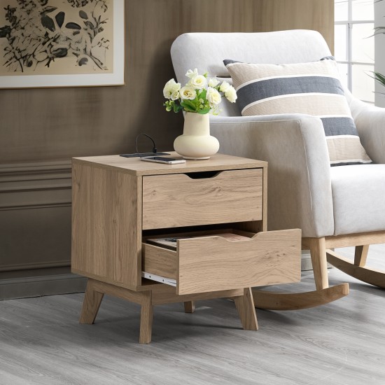 NORDICA Night Stand with Charging Station with USB & Type-C , Drawer Slide Pre-Assembly, End Table with Drawers for Bedroom Living Room, Side Table for Bedroom, Easy Assembly, Natural Oak