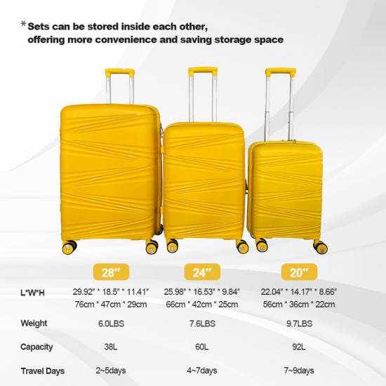 Yellow Hardside Luggage Sets 3 Pieces, Expandable Luggages Spinner Suitcase with TSA Lock Lightweight Carry on Luggage 20inch 24inch 28inch