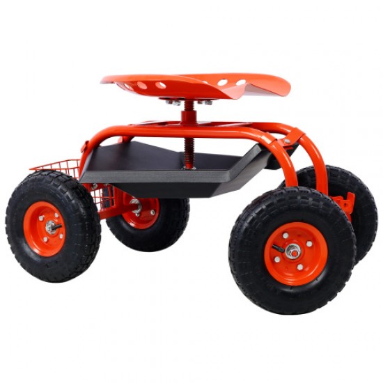 Garden Cart Rolling Scooter, Adjustable Height Heavy Duty Scooter, Rolling Garden Cart with 4 Wheels and Extendable Handle, Garden Stool Cart with 360-Degree Seat and Tool Tray (Red)