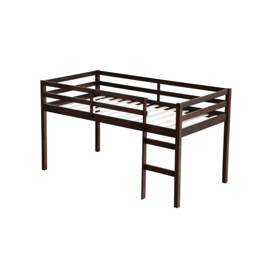 Solid Wooden, Rubber Wooden Twin Loft Bed with Ladder, Bed Platform of Strengthened Slats , Espresso