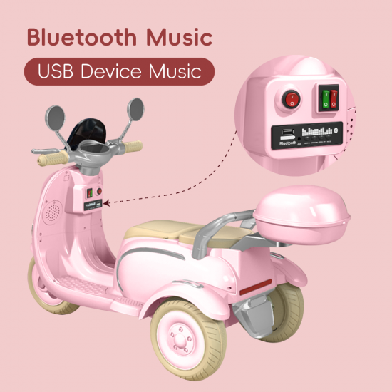 12V Kids Motorcycle, 3 Wheels 12v Kids Ride on Motorcycle with Mp3, Bluetooth, Headlight, Storage Box, Motorcycle for Kids-Pink