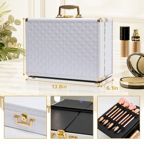 Portable Makeup Case with LED Mirror Travel Makeup Bag Cosmetic Organizer Box with Locks, Brush Holder, Dividers, Rechargeable, White