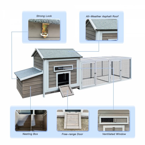 118 inch Wooden Chicken Coop Outdoor Hen House Poultry Cage with Free-range Doors, Nesting Box,Leakproof Pull-on Tray