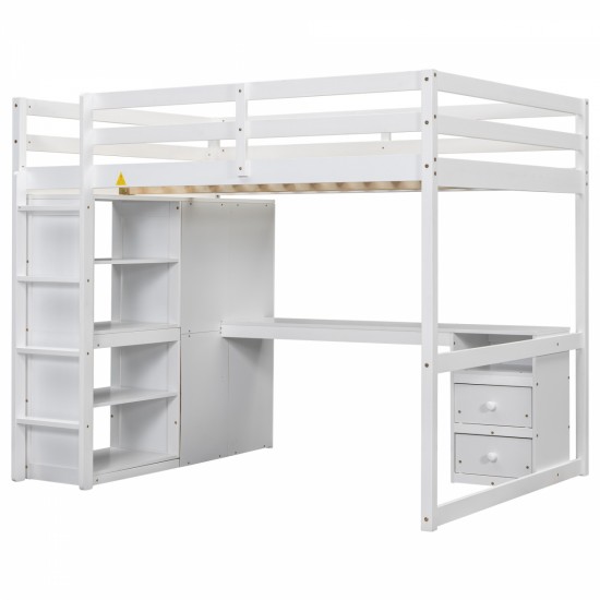 Wood Full Size Loft Bed with Built-in Wardrobe, Desk, Storage Shelves and Drawers, White