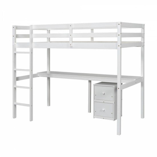 Twin Loft Wood Bed with Under-bed, Built-in Desk, a Storage Cabinet of 2 Drawers, Guardrails, Ladder,White