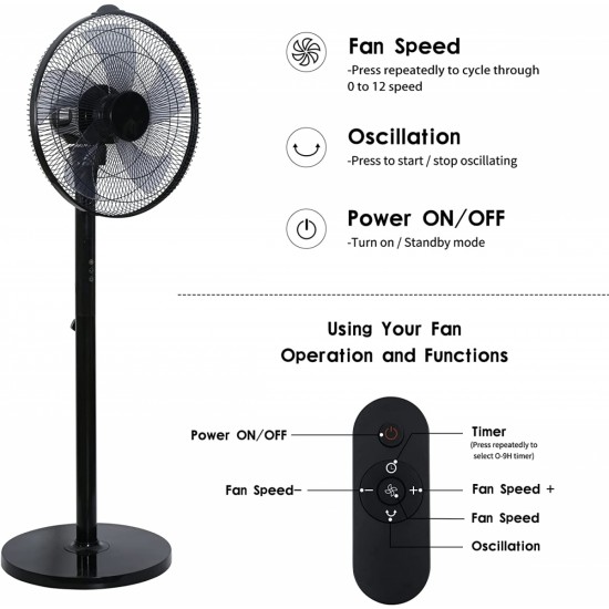 Simple Deluxe 14.5 Inch Adjustable 12 Levels Speed Pedestal Stand Fan with Remote Control for Indoor, Home, Office and College Dorm Use, 90 Degree Horizontal Oscillating, 9 Hours Timer, 14.5 Inch, Black