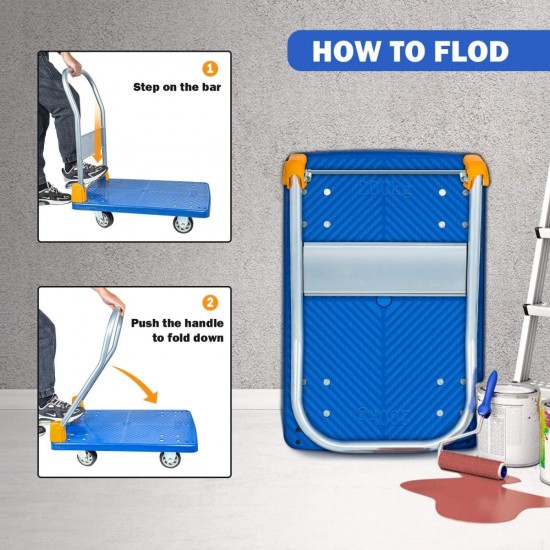 YSSOA Platform Truck with 440lb Weight Capacity and 360 Degree Swivel Wheels, Foldable Push Hand Cart for Loading and Storage, Blue