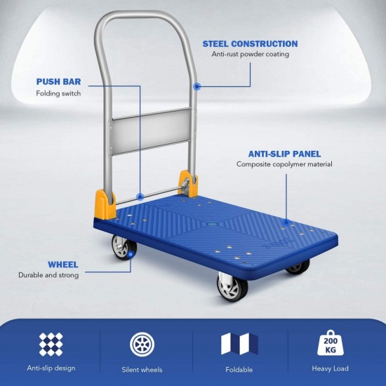 YSSOA Platform Truck with 440lb Weight Capacity and 360 Degree Swivel Wheels, Foldable Push Hand Cart for Loading and Storage, Blue