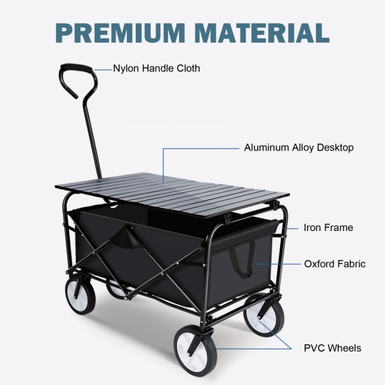 Heavy Duty Portable Folding Wagon and Collapsible Aluminum Alloy Table Combo Utility Outdoor Camping Cart with Universal Anti-slip Wheels & Adjustable Handle along with Metal Board Desktop, Black