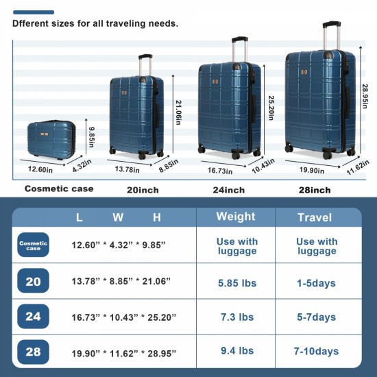 Luggage Sets ABS+PC Hardshell 4pcs  Luggage Hardside Lightweight Durable Suitcase sets Spinner Wheels Suitcase with TSA Lock (12/20/24/28),Pearl Blue