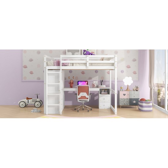 Wood Full Size Loft Bed with Built-in Wardrobe, Desk, Storage Shelves and Drawers, White