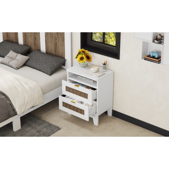 2-Drawer Farmhouse Wooden Nightstand with Wooden Strip Decoration and Metal Handle, Wood Side Table with Storage Cabinet for Bedroom, White