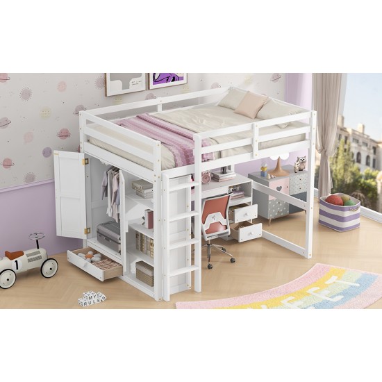 Wood Full Size Loft Bed with Built-in Wardrobe, Desk, Storage Shelves and Drawers, White