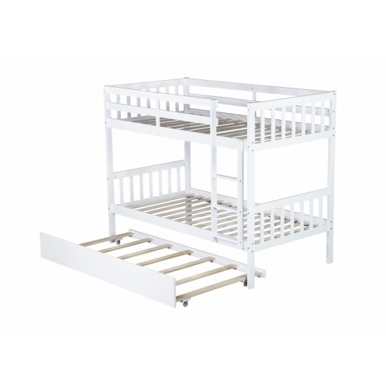 Twin Over Twin Rubber Wood Bunk Bed with Trundle, Convertible into 2 Twin Size Beds, Twin Size Bunk Bed with Ladder and Safety Guardrails, White