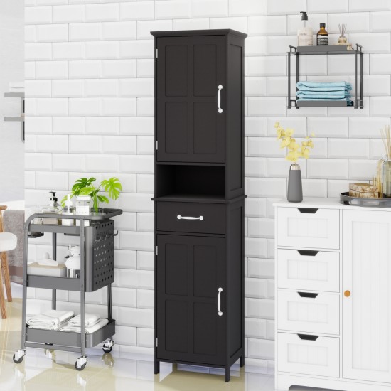 Double Door Narrow Height Slim Floor Standing Cabinet with 2 Adjustable Shelves-Black