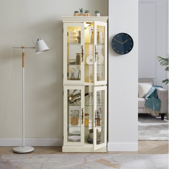 Lighted Glass Curio Display Cabinet,Display Cabinet,Glass Storage Cabinet Glass Wine cabinet Wood Frame Toy Display for Living Room, Kitchen, Pantry light bulb included Antique white