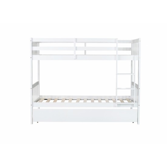 Twin Over Twin Rubber Wood Bunk Bed with Trundle, Convertible into 2 Twin Size Beds, Twin Size Bunk Bed with Ladder and Safety Guardrails, White