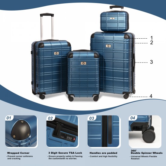 Luggage Sets ABS+PC Hardshell 4pcs  Luggage Hardside Lightweight Durable Suitcase sets Spinner Wheels Suitcase with TSA Lock (12/20/24/28),Pearl Blue