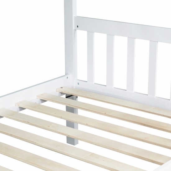 Twin Over Twin Rubber Wood Bunk Bed with Trundle, Convertible into 2 Twin Size Beds, Twin Size Bunk Bed with Ladder and Safety Guardrails, White