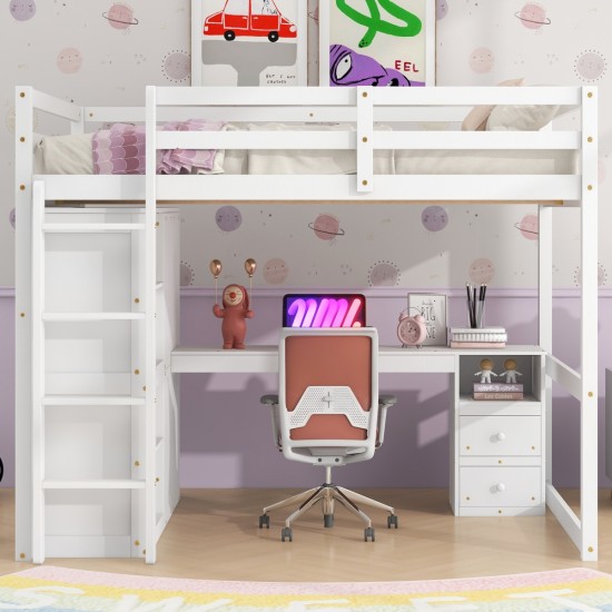 Wood Full Size Loft Bed with Built-in Wardrobe, Desk, Storage Shelves and Drawers, White