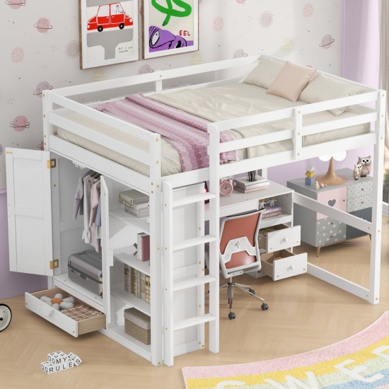 Wood Full Size Loft Bed with Built-in Wardrobe, Desk, Storage Shelves and Drawers, White