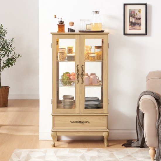 Curio Cabinet Lighted Glass Cabinet Glass Wine Cabinet Curio Display Cabinet with Adjustable Glass Shelves 2 Doors and 1 drawer Cabinet Sideboard With Bulb Included Light oak