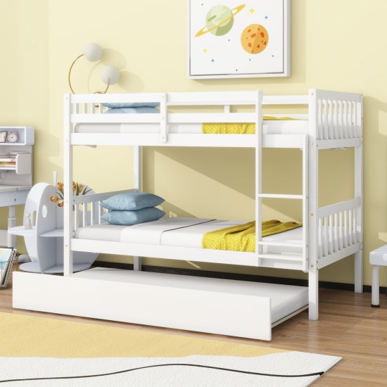 Twin Over Twin Rubber Wood Bunk Bed with Trundle, Convertible into 2 Twin Size Beds, Twin Size Bunk Bed with Ladder and Safety Guardrails, White